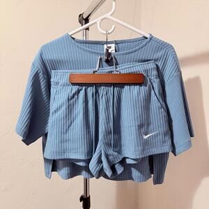Nike Womens Ribbed Activewear Set - Blue Shorts and Top